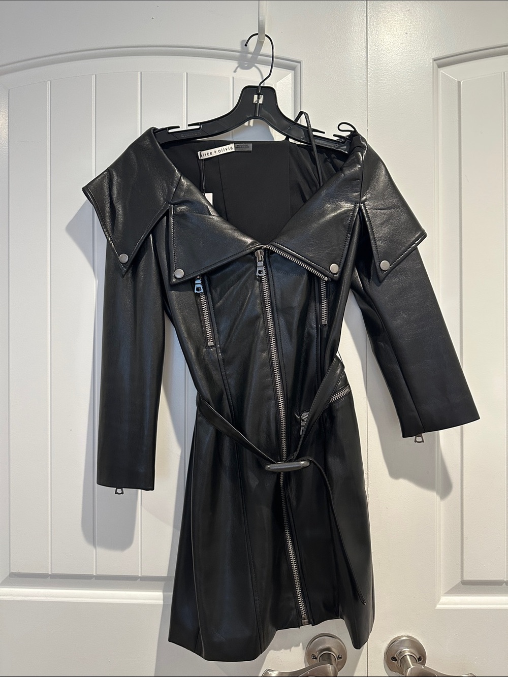 Alice + Olivia Black Leather Off-Shoulder Moto Dress